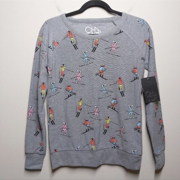 Chaser Knit Top in Vintage Ski Print Heather Gray Crew Neck Long Sleeves S New - Picture 3 of 11